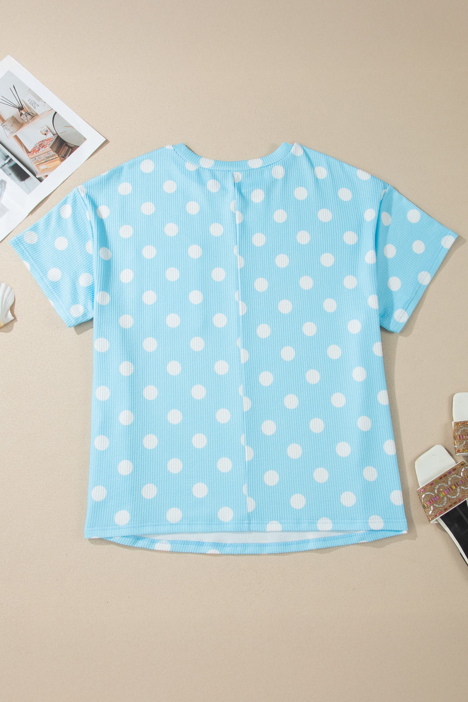 Sky Blue Twisted Rib Polka Dot Print Plus Size T Shirt