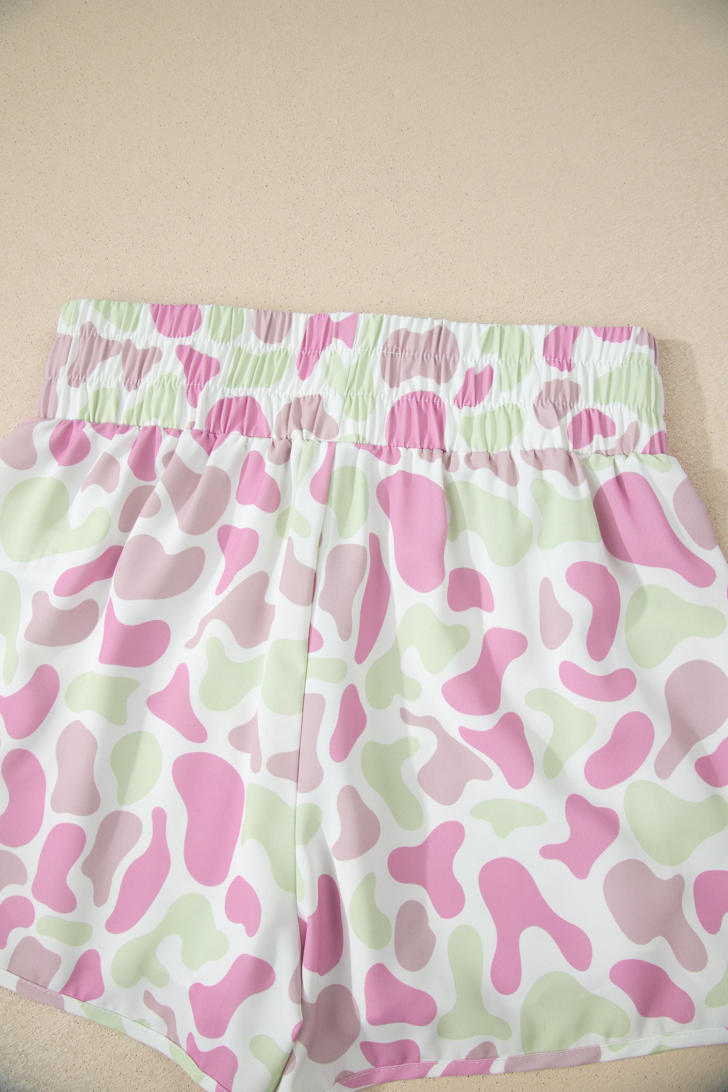 Green Camouflage Print Shirred High Waist Athleisure Shorts