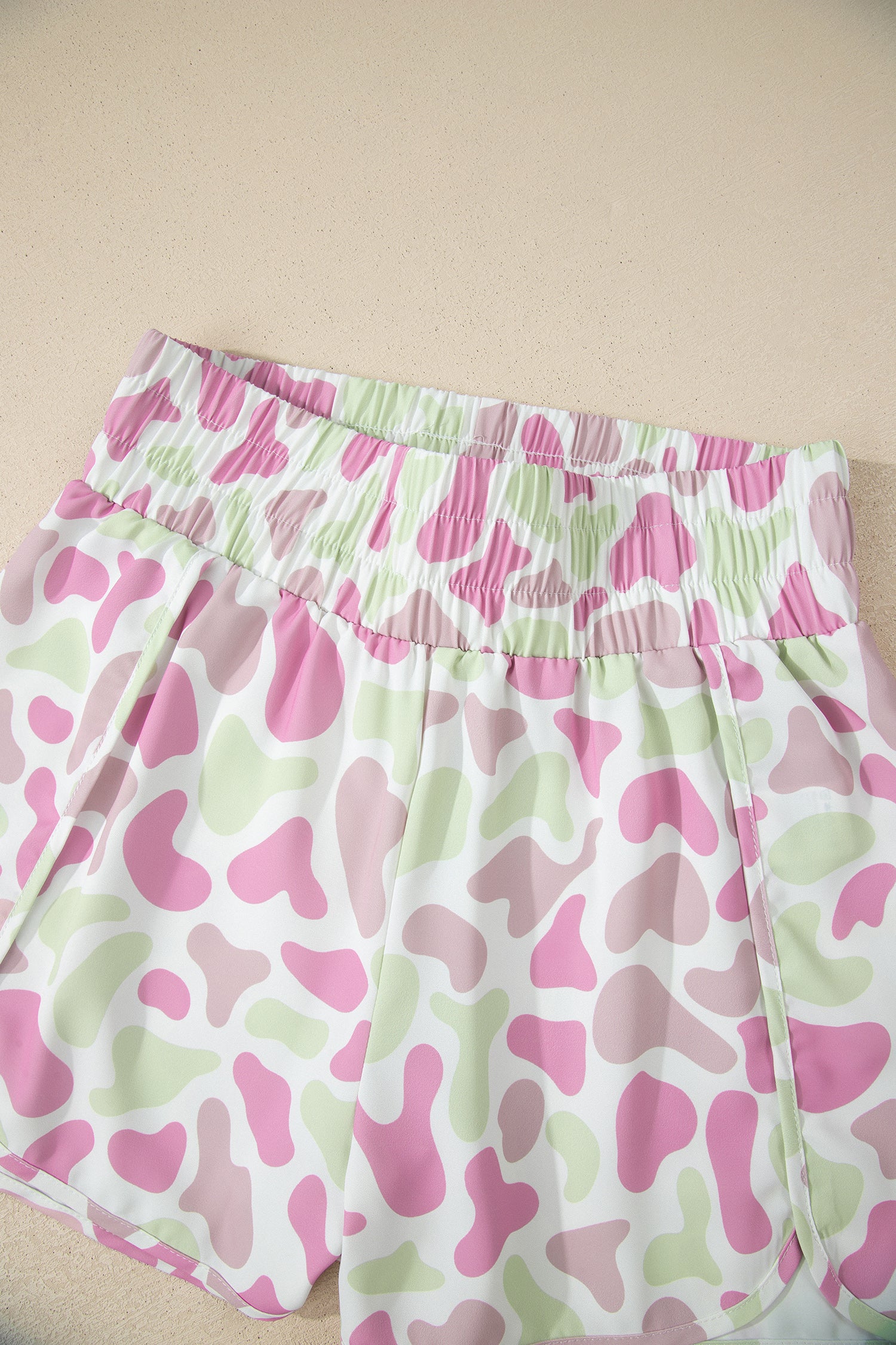 Green Camouflage Print Shirred High Waist Athleisure Shorts