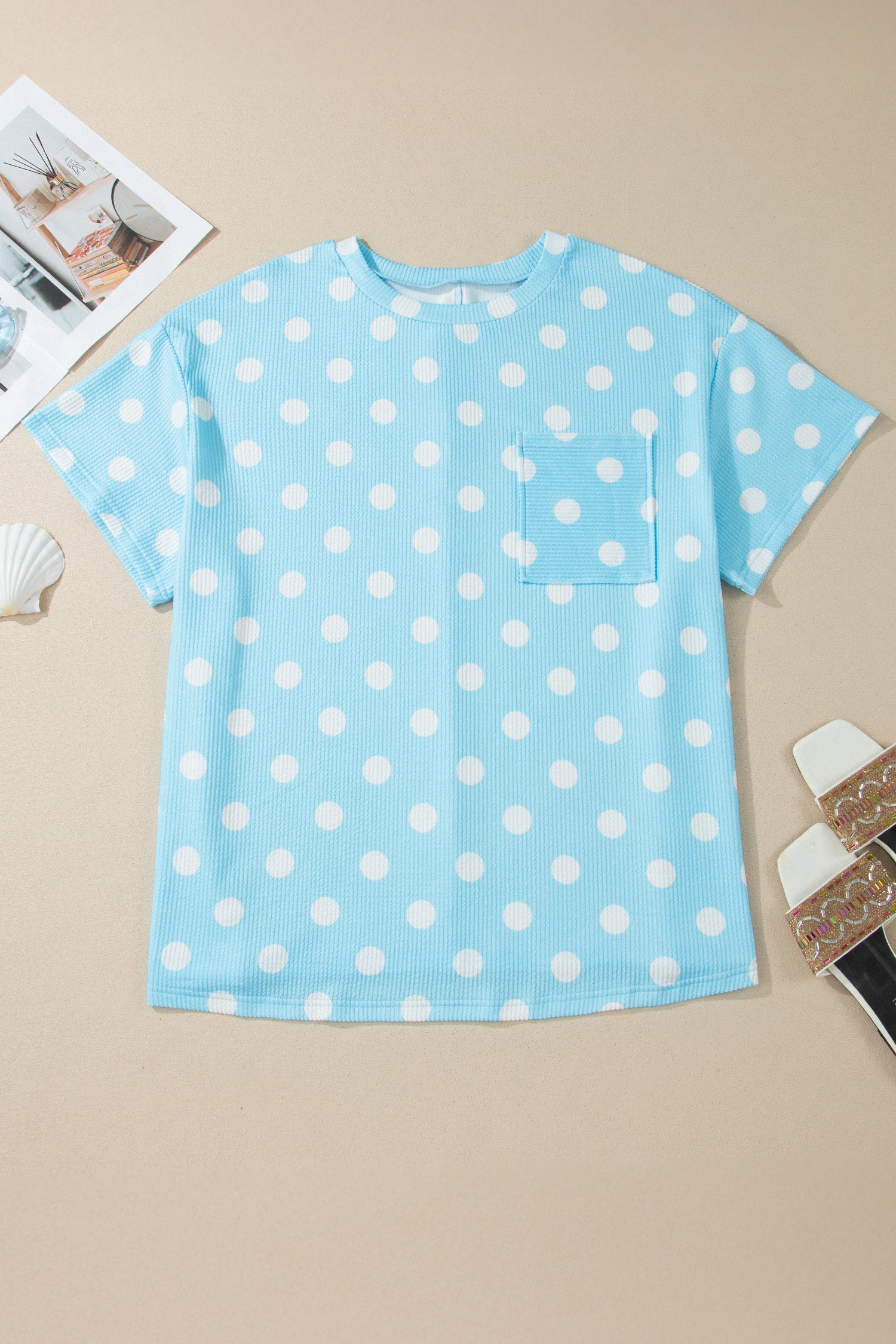 Sky Blue Twisted Rib Polka Dot Print Plus Size T Shirt