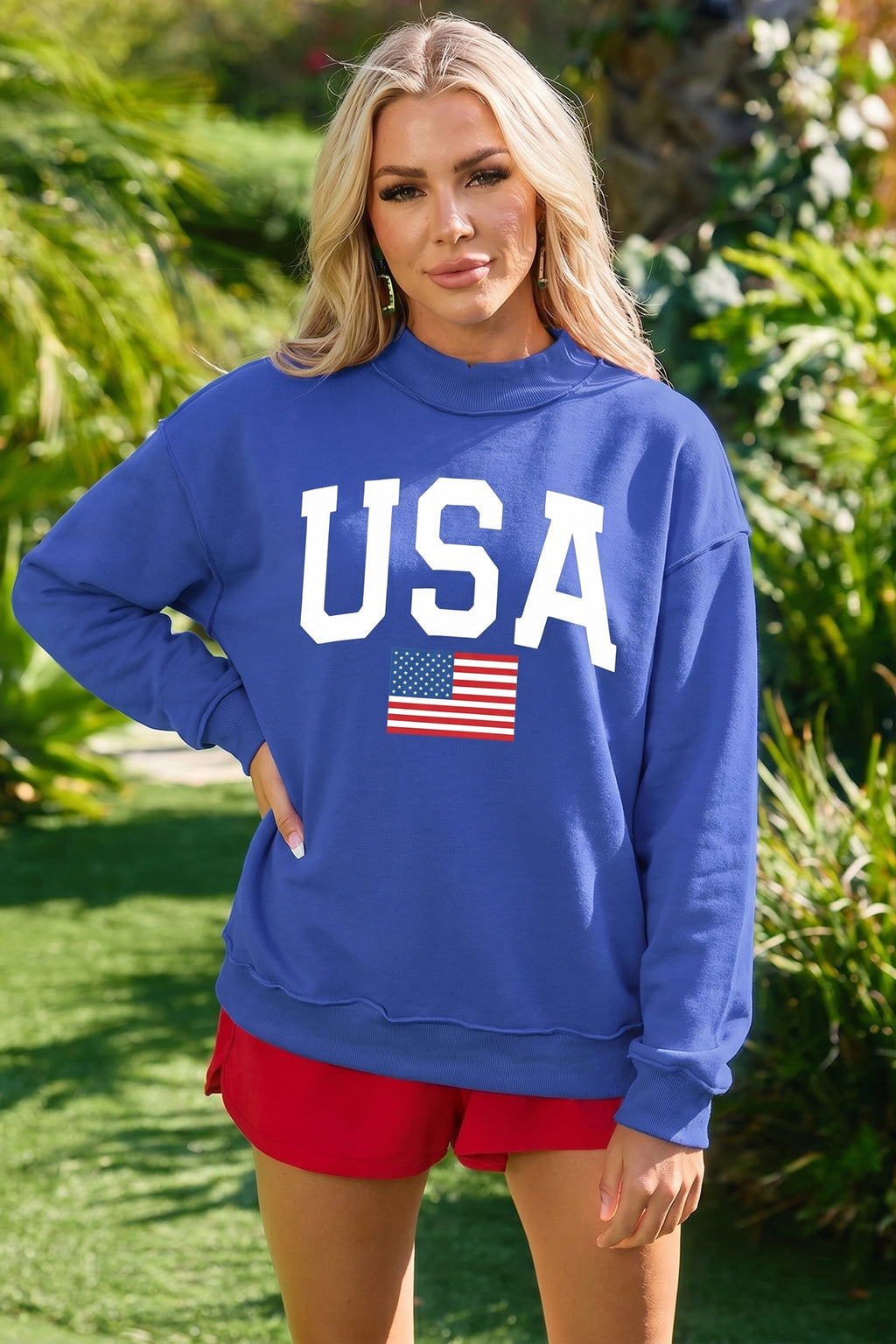 Dark Blue Mock Neck Reversible USA/America Graphic Sweatshirt